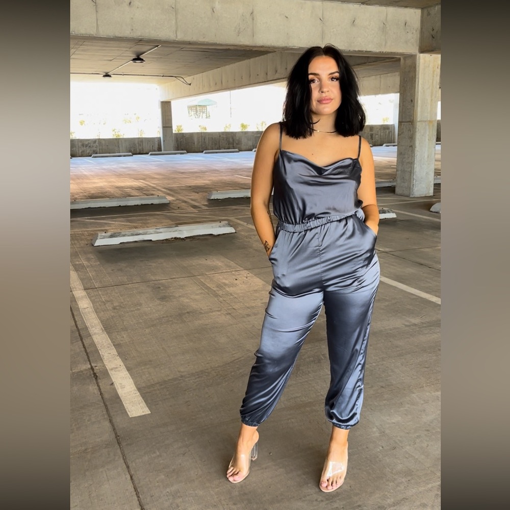 Endless Blu Cowl Neck Satin Jogger Jumpsuit - Charcoal NWT